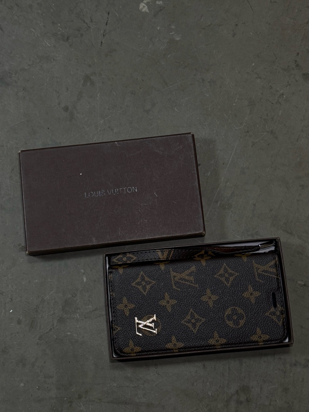 Louis Vuitton Monogram Style Wallet Phone Case Brown Folio Wrist Strap w/ Box